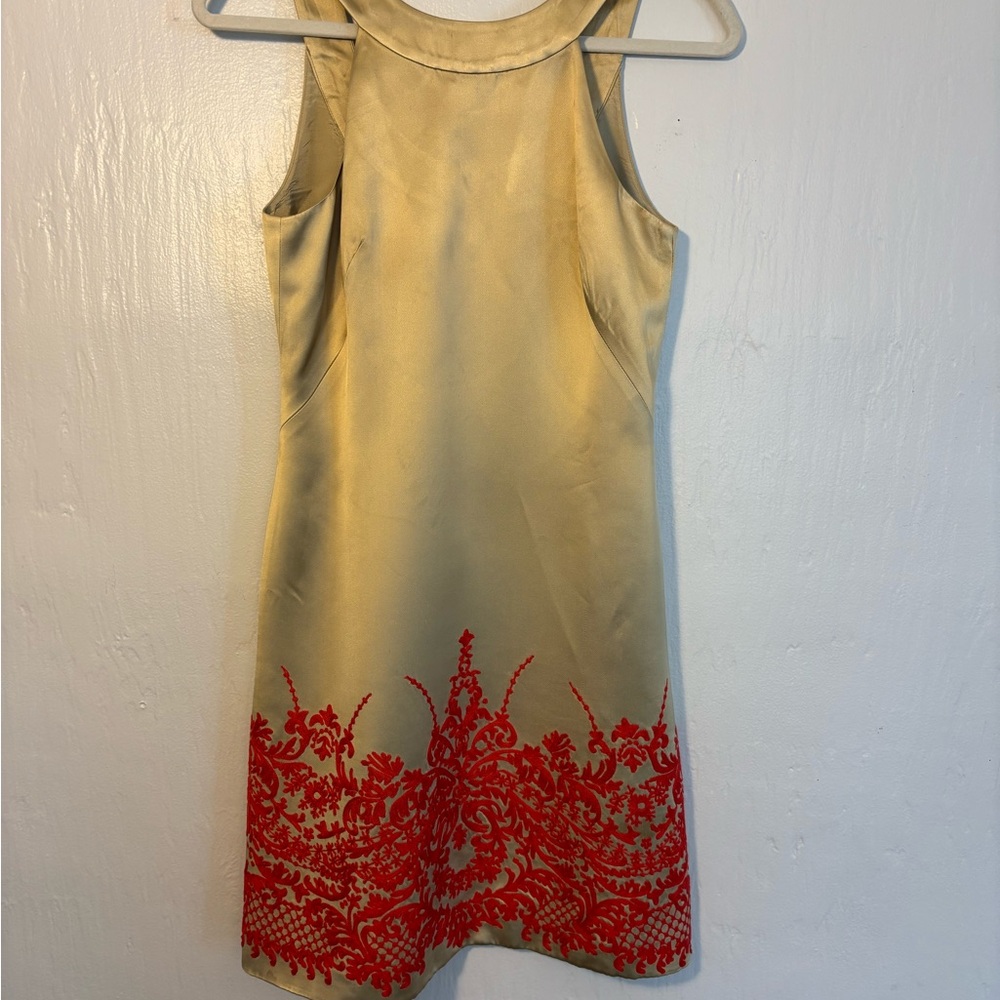 Badgley Mischka Gold Dress with Red Floral Embroidery Accents